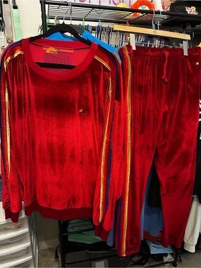 Aviator Nation Red Velour Jogger Set with Rainbow Detail
